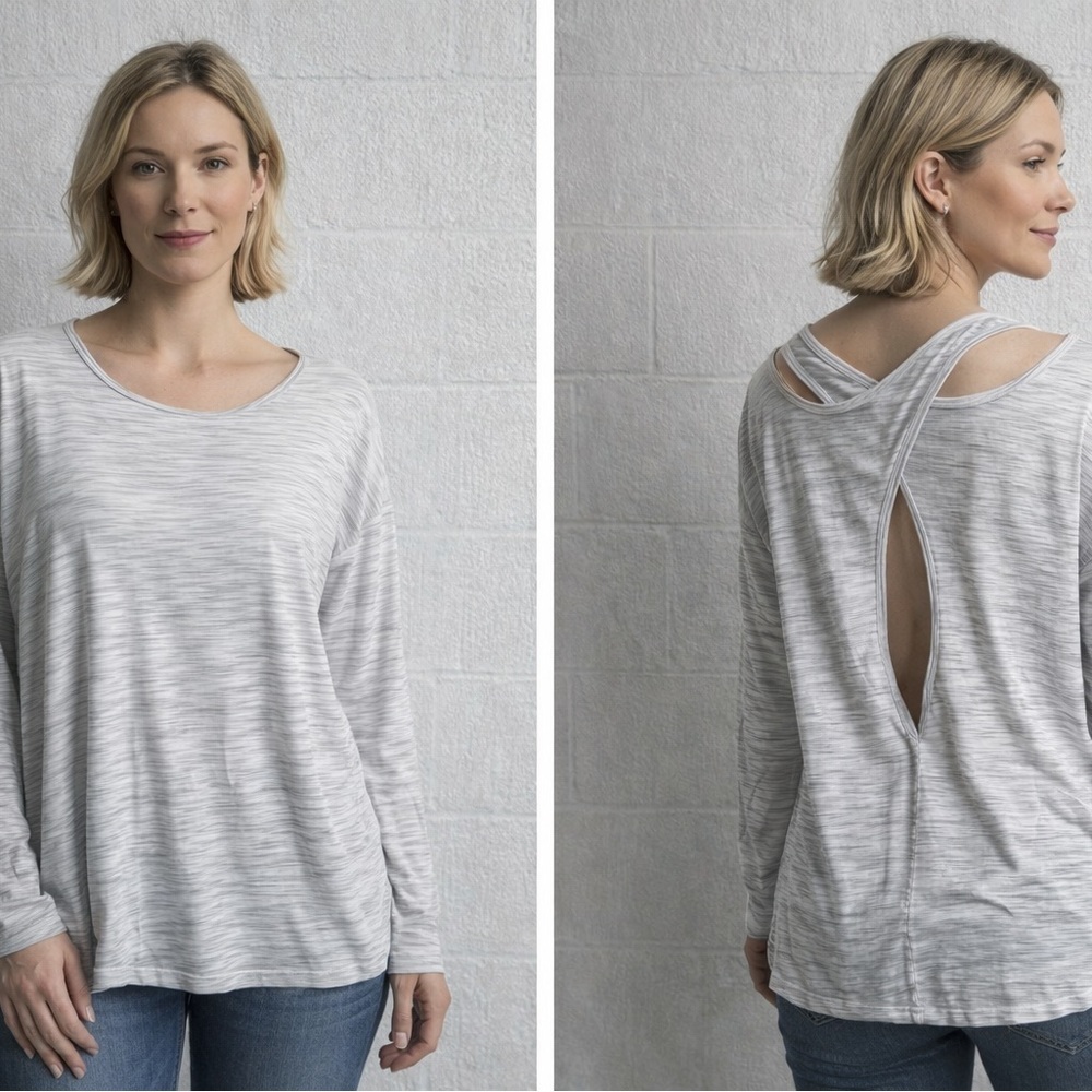 Lululemon Open Back Long Sleeve Top Grey White Striped Yoga Athleisure 12